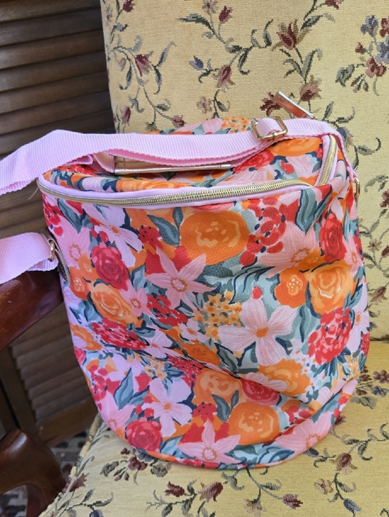 Source Unknown Handbags - Source Unknown Pink Floral Canvas Bucket Travel Bag with Orange Accents